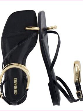 Vegan Leather Flat Sandals with Gold Ankle Cuff and Toe Ring Strap